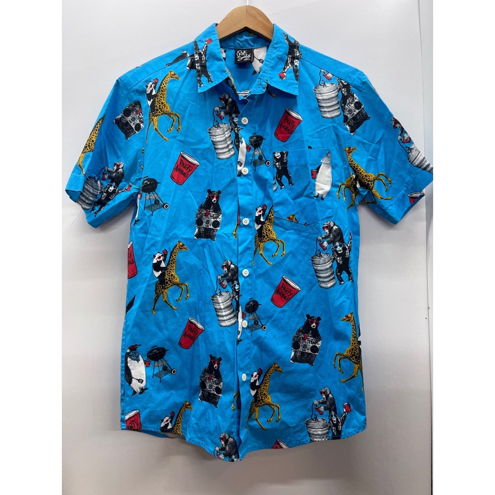 Riot Society Mens S Blue Party Animals Graphic Short Sleeve Button Down Shirt